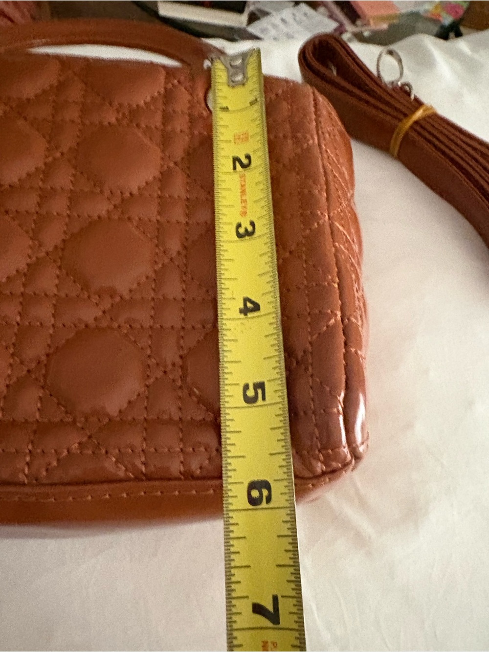 Brown Quilted faux patent Leather Mini Tote - Picture 6 of 7